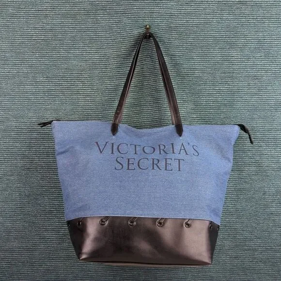 Victoria's Secret Blue & Black Denim & PU Lightweight Tote Bag - Picture 1 of 12